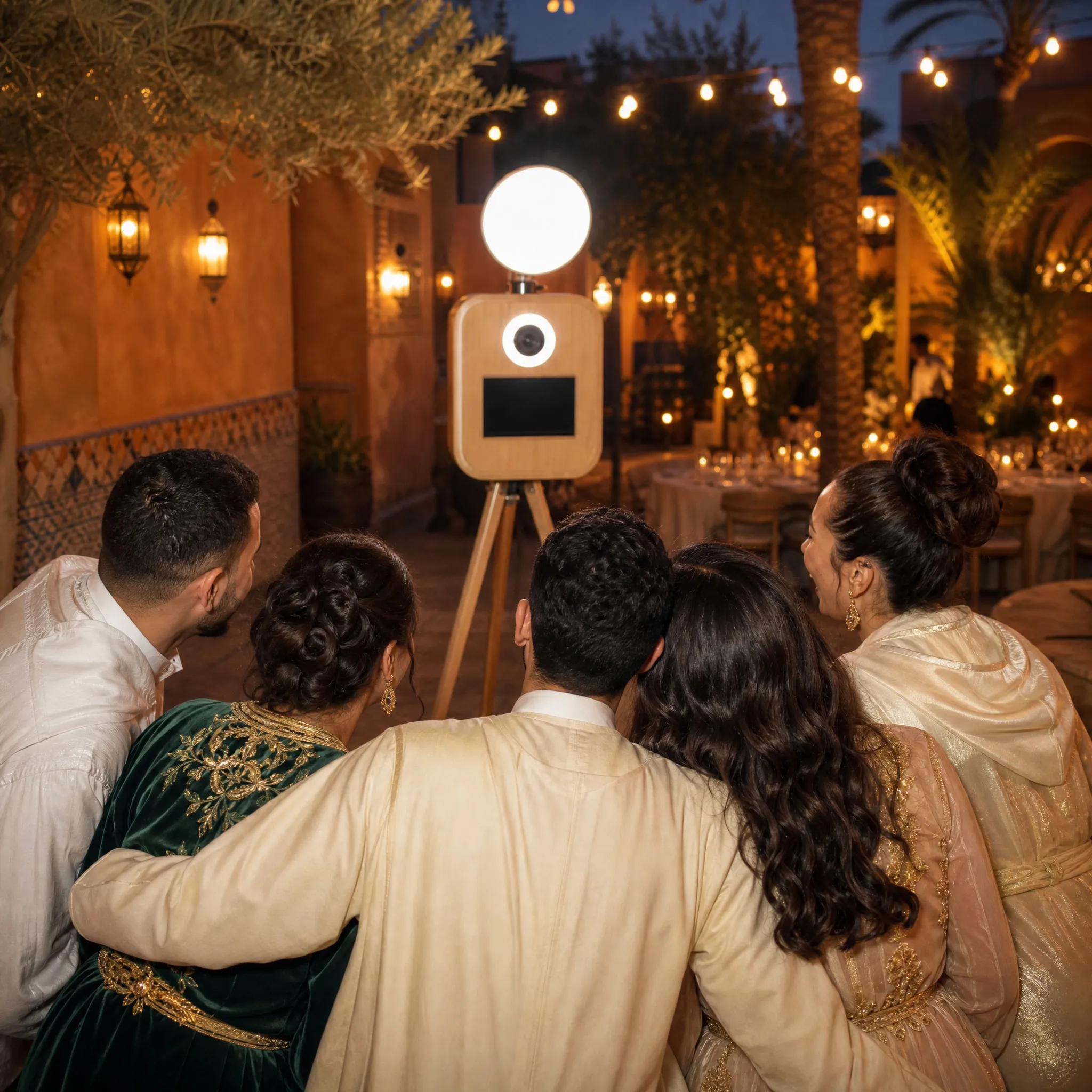 Invités en caftans devant un photobooth, dans un décor de patio et de lanternes