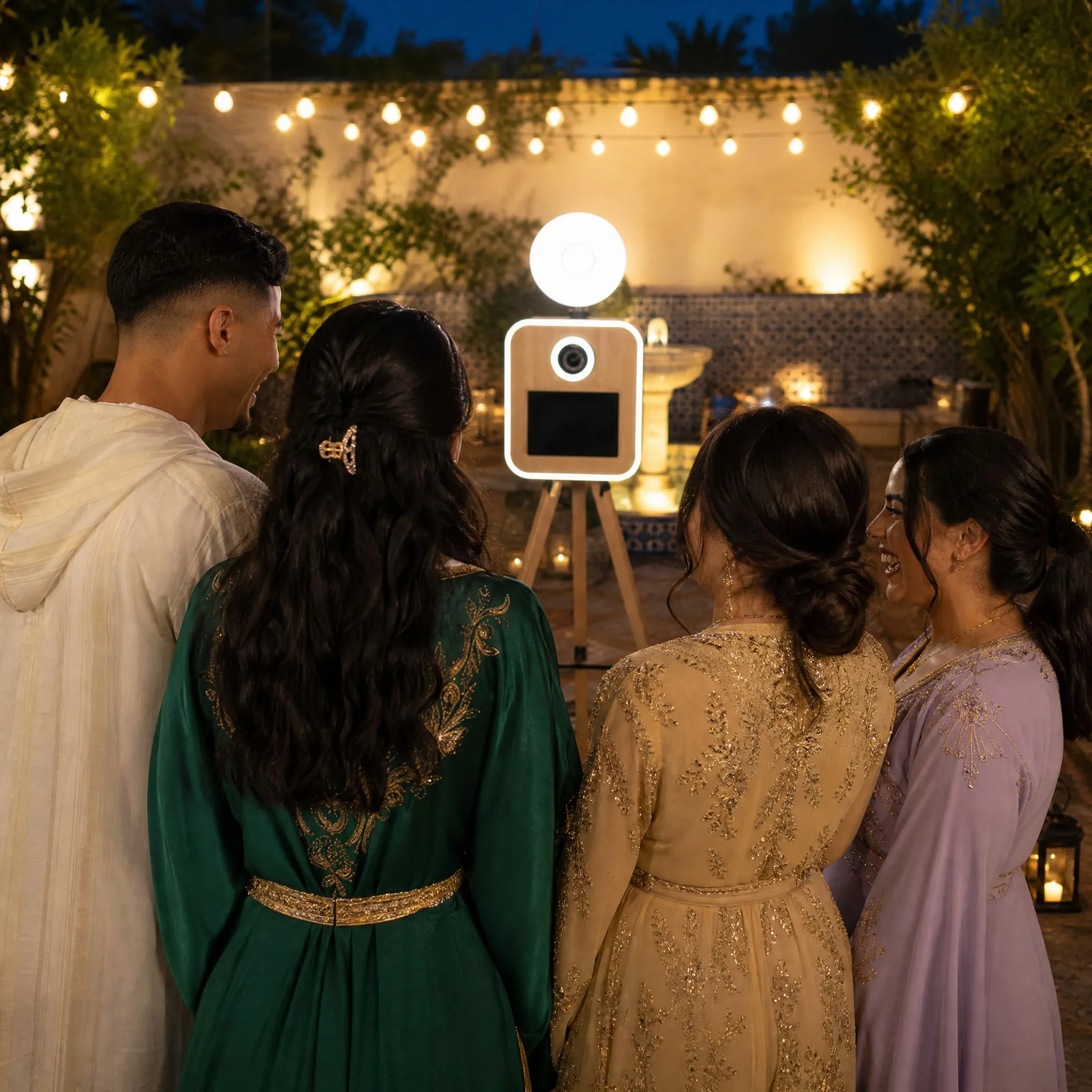 Invités d’une réception en jardin, à l’heure bleue, réunis devant une borne photo en bois sur trépied