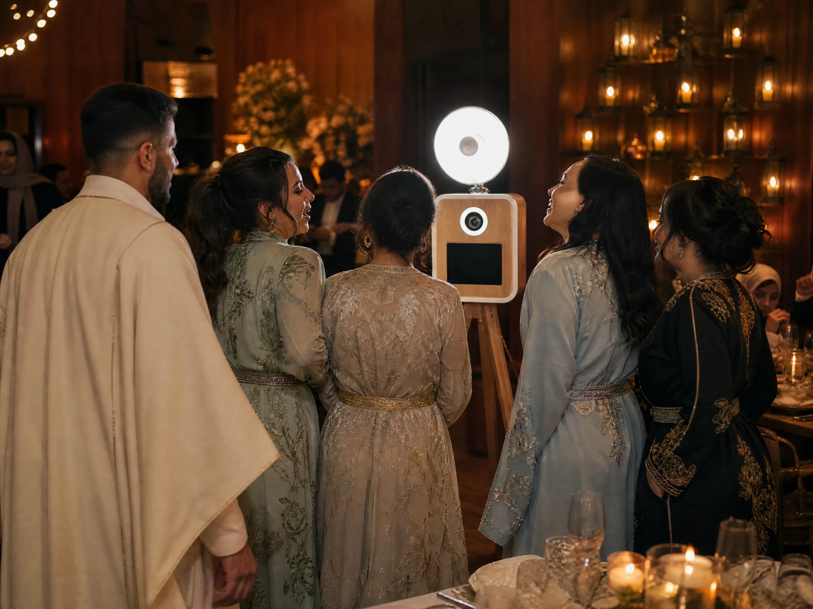 Invités réunis devant le Photobooth Classique, sa couronne lumineuse allumée