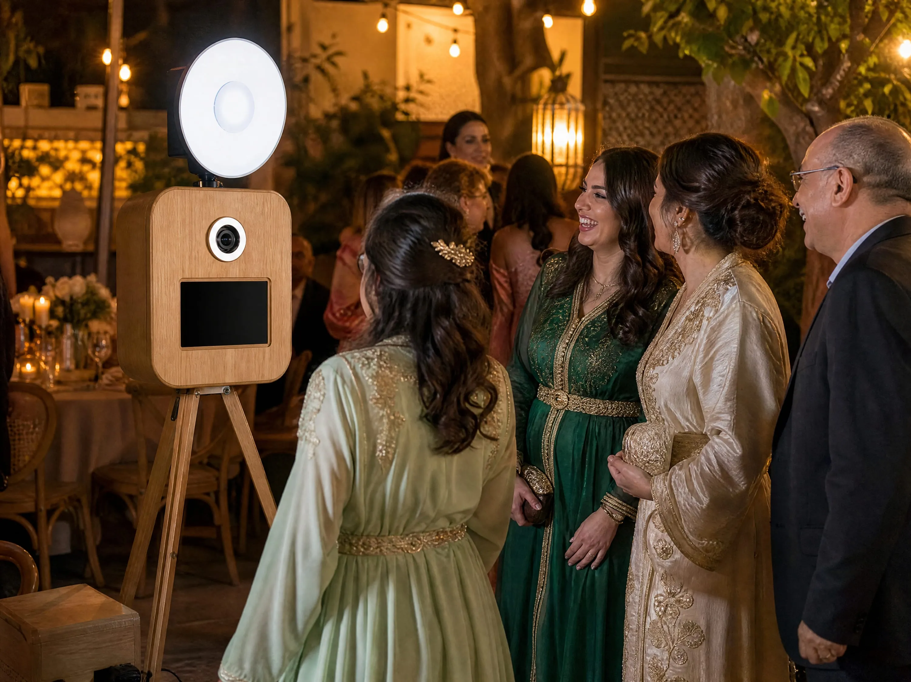 Borne photo en bois sur trépied, anneau lumineux allumé, et des invitées en caftan qui rient devant, sous des guirlandes lumineuses