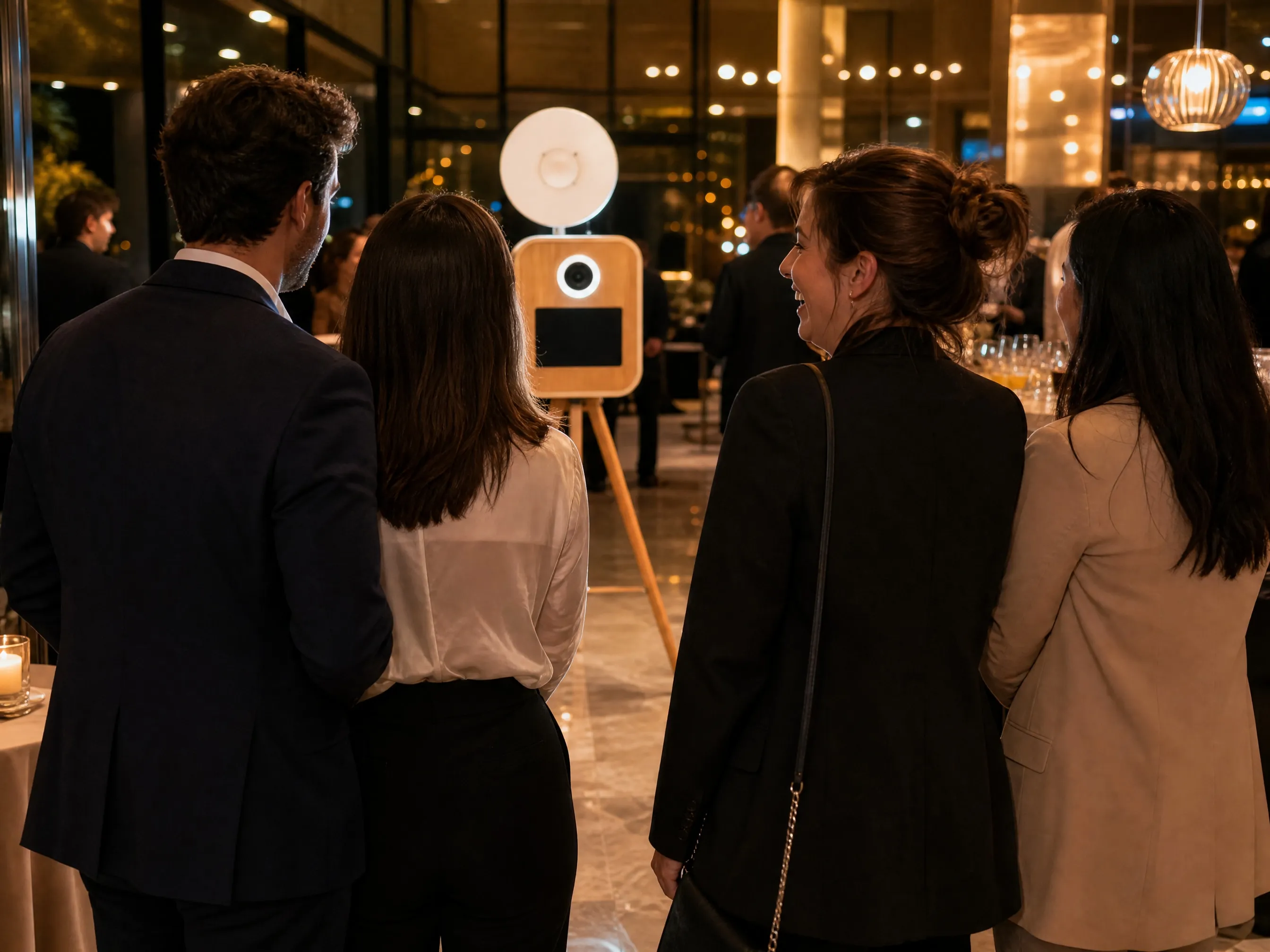 Quatre collègues en tenue de travail, vus de dos, font face à la borne photo en bois posée sur son trépied, dans un hall moderne éclairé en soirée