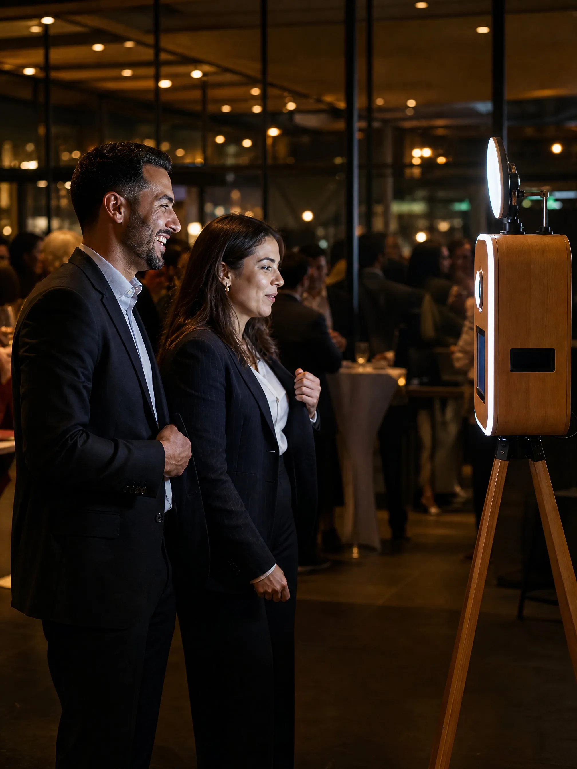 Deux collègues de profil regardent la borne photo en bois tournée vers eux, son anneau lumineux allumé, dans un espace vitré éclairé en soirée