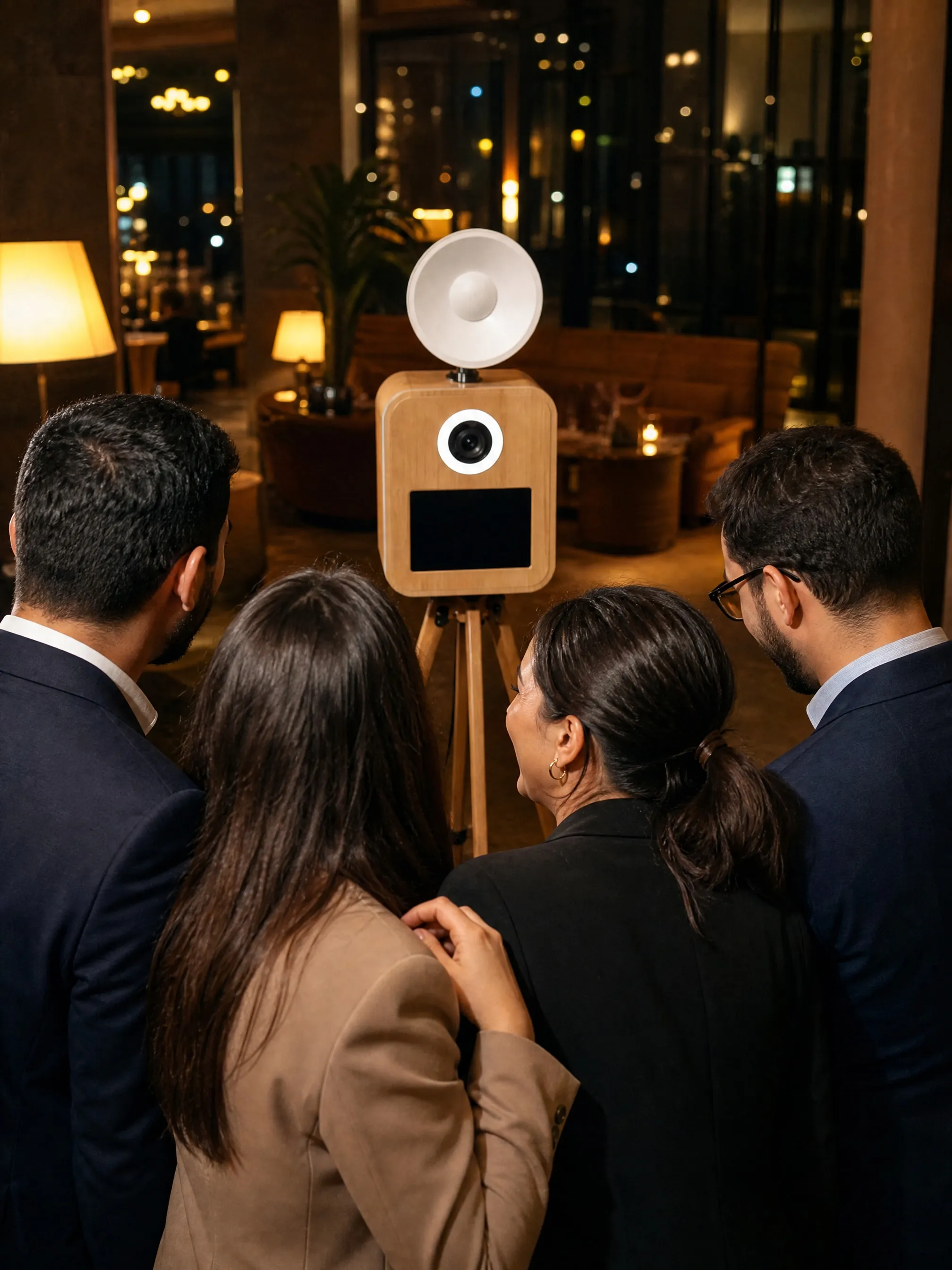 Quatre collègues vus de dos, serrés en un seul groupe, face à la borne photo en bois dont l’anneau est allumé, dans un salon d’hôtel en soirée