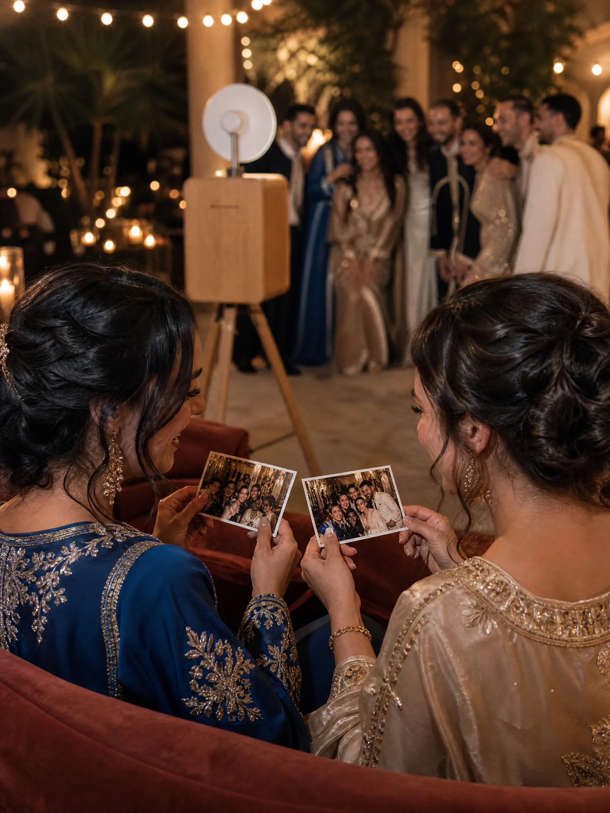 Invitées comparant leurs tirages souvenirs en fin de soirée