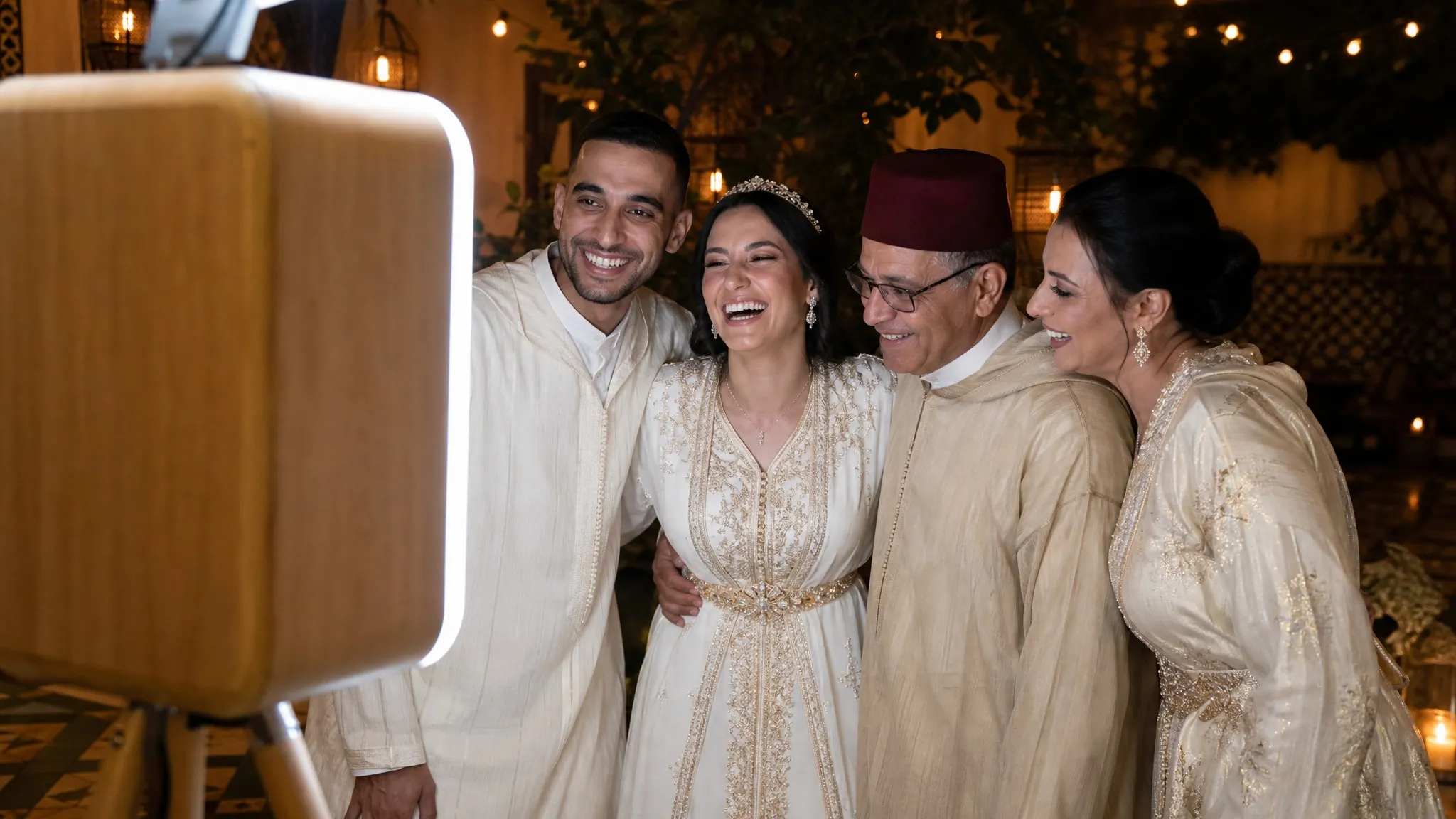 Quatre invités en caftans et djellabas rient face à la borne photo en bois, dont l’anneau allumé les éclaire, dans un patio décoré de lanternes
